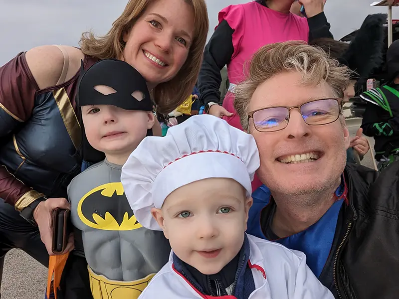 The Gabaree family in costume, including Batman and a chef